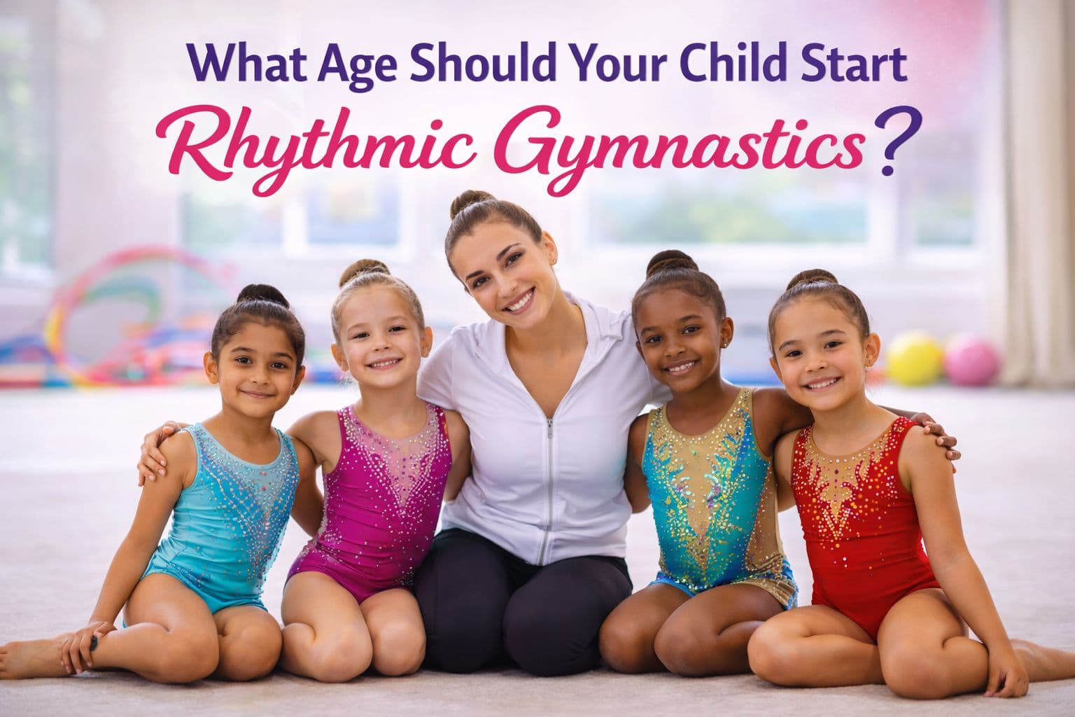 Young children beginning rhythmic gymnastics with their coach