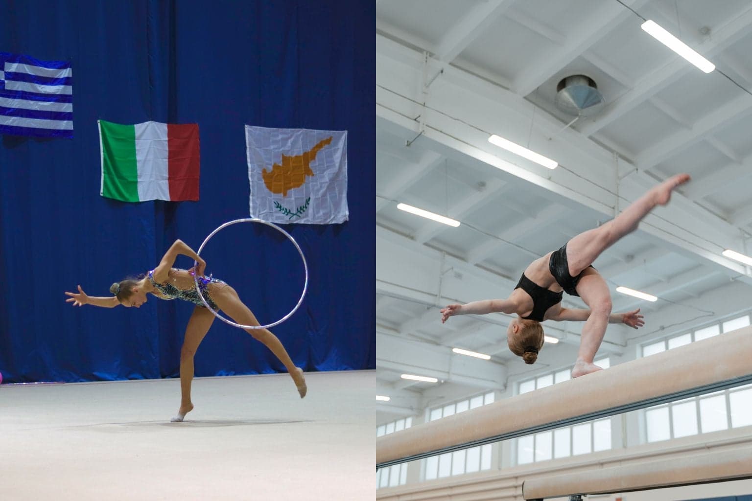 Rhythmic gymnast performing with a hoop beside an artistic gymnast on a balance beam