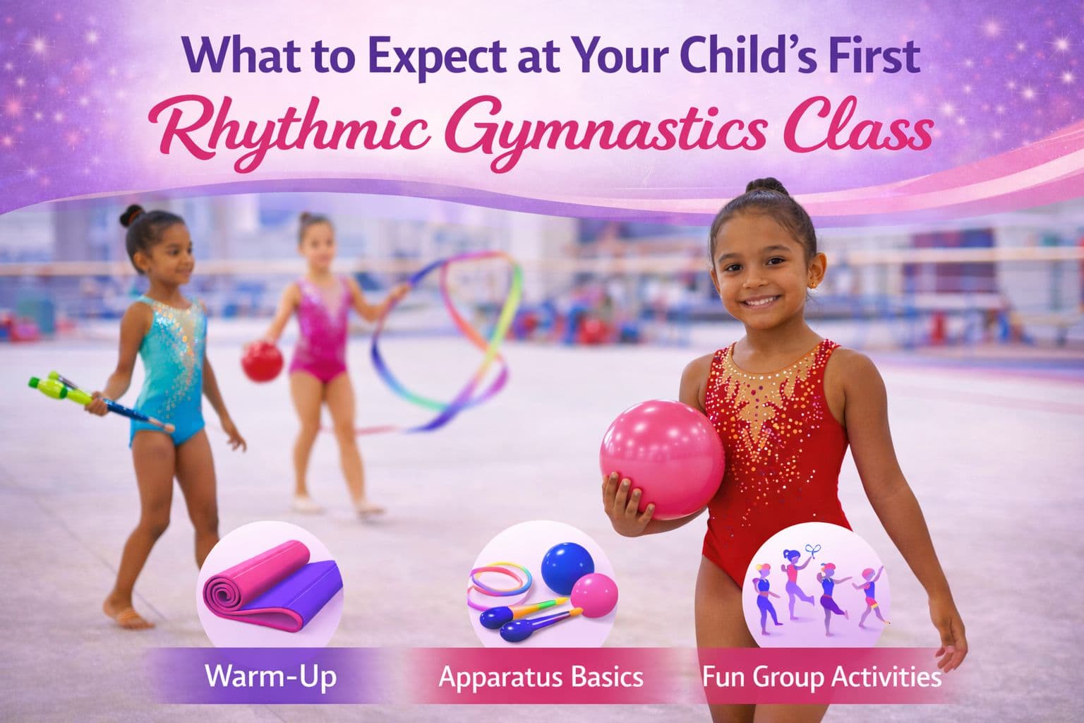 Rhythmic gymnastics coach welcoming young students to their first class